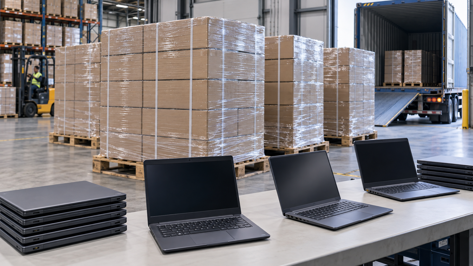 Palletized laptop shipment prepared for wholesale export